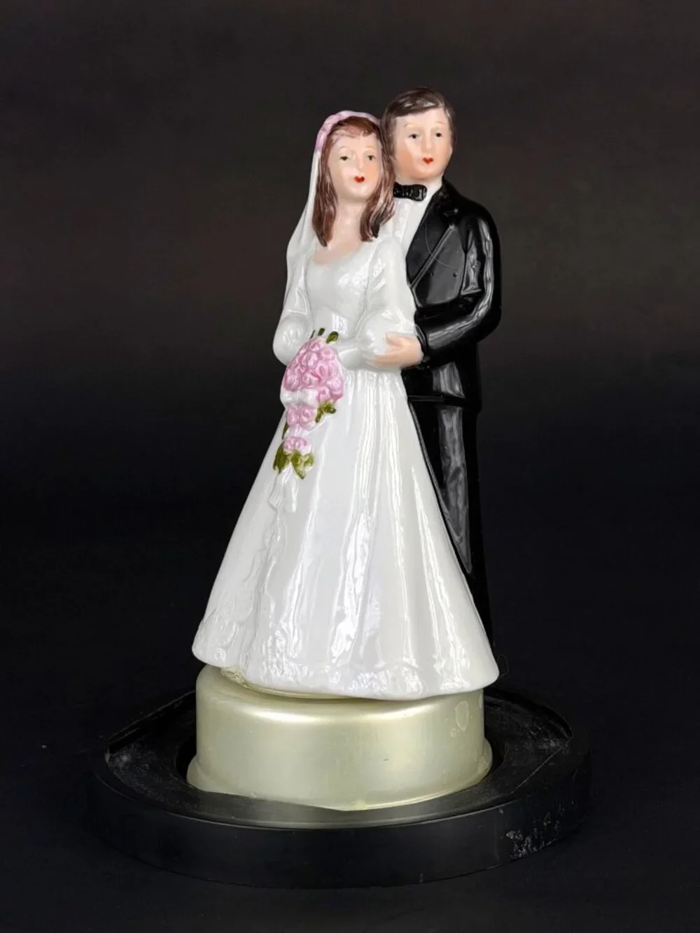 Vintage Porcelain Wedding Cake Topper in Protective Display Dome 1980s